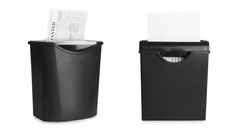 Image of Destroying paper with shredders on white background, collage