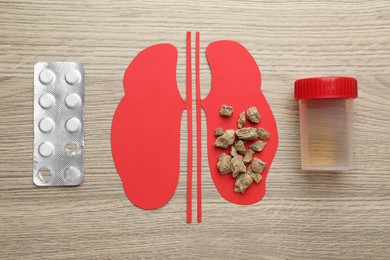 Photo of Paper cutout of kidneys with stones, pills and urine test on wooden table, flat lay