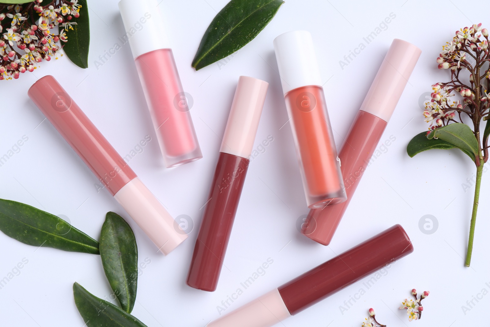 Photo of Different lip glosses, green leaves and flowers on white background, flat lay