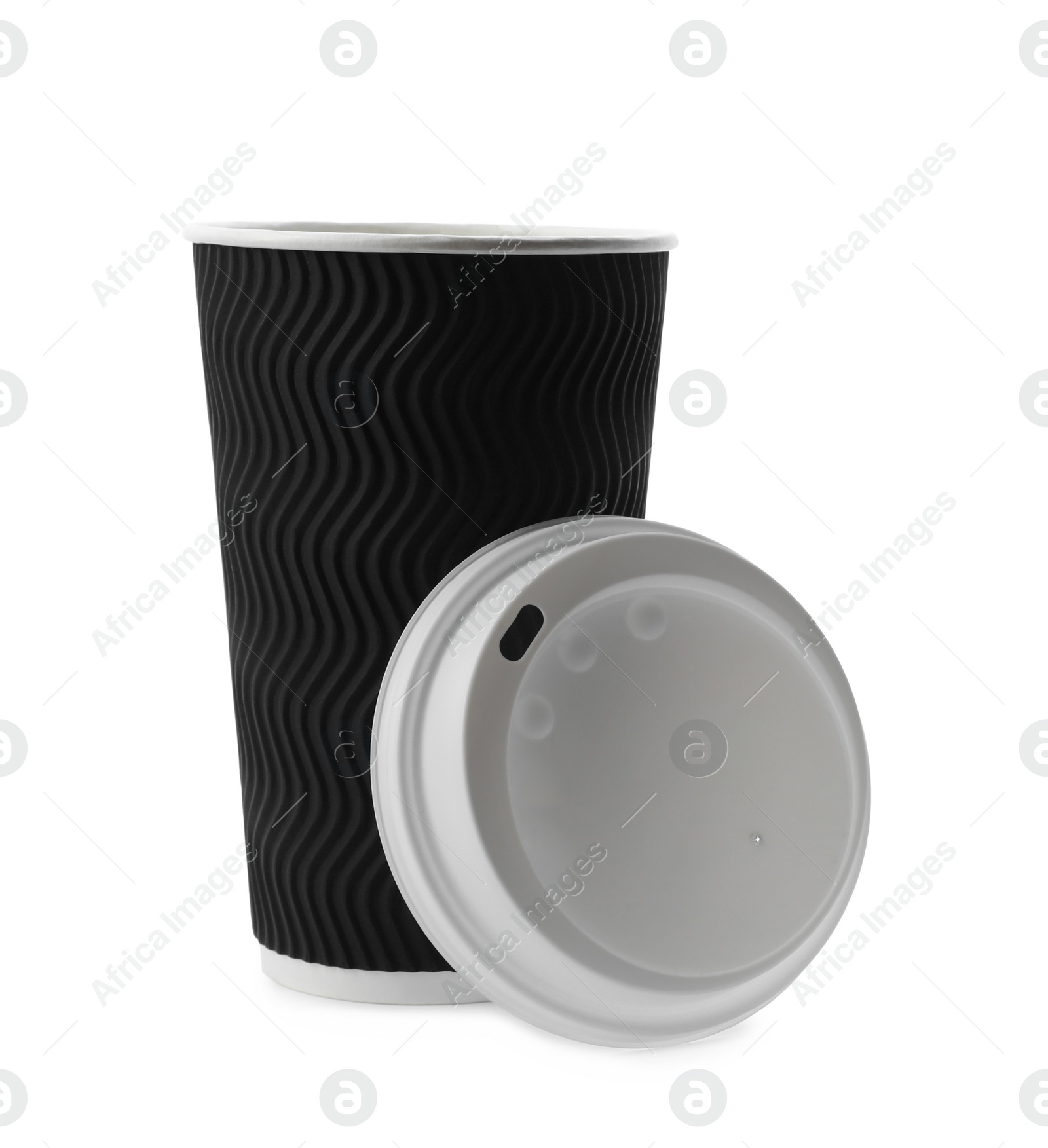 Photo of Takeaway paper coffee cup and lid isolated on white