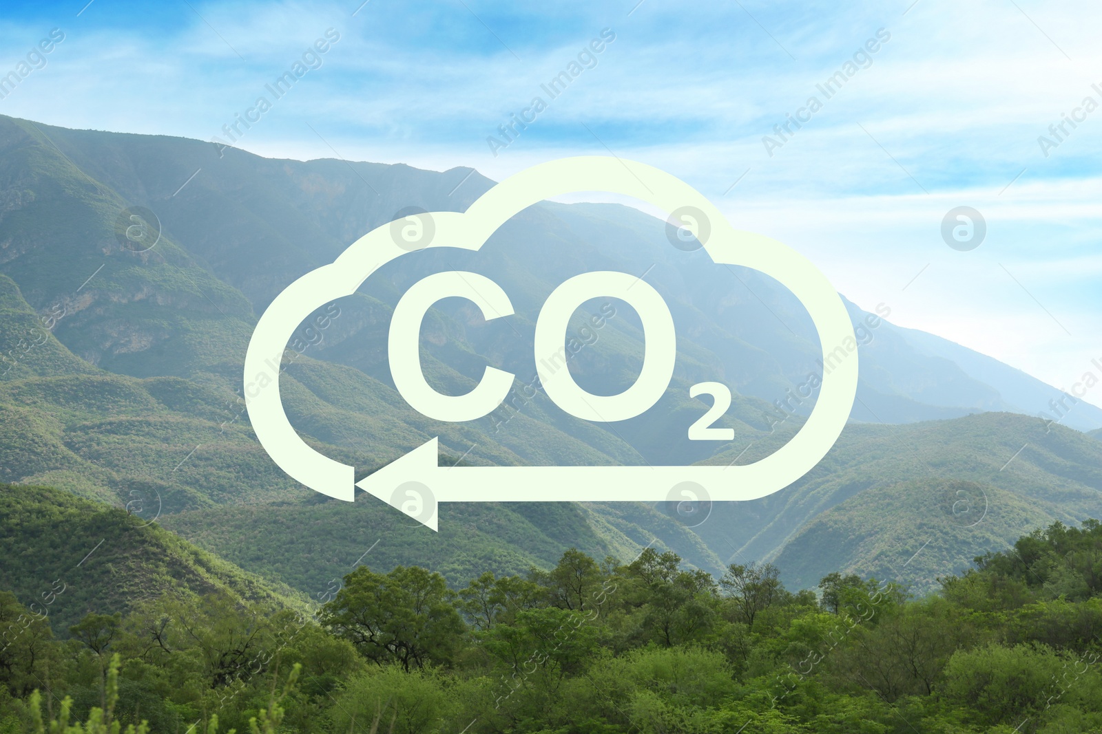 Image of Concept of clear air. CO2 inscription in illustration of cloud with arrow and beautiful mountain landscape