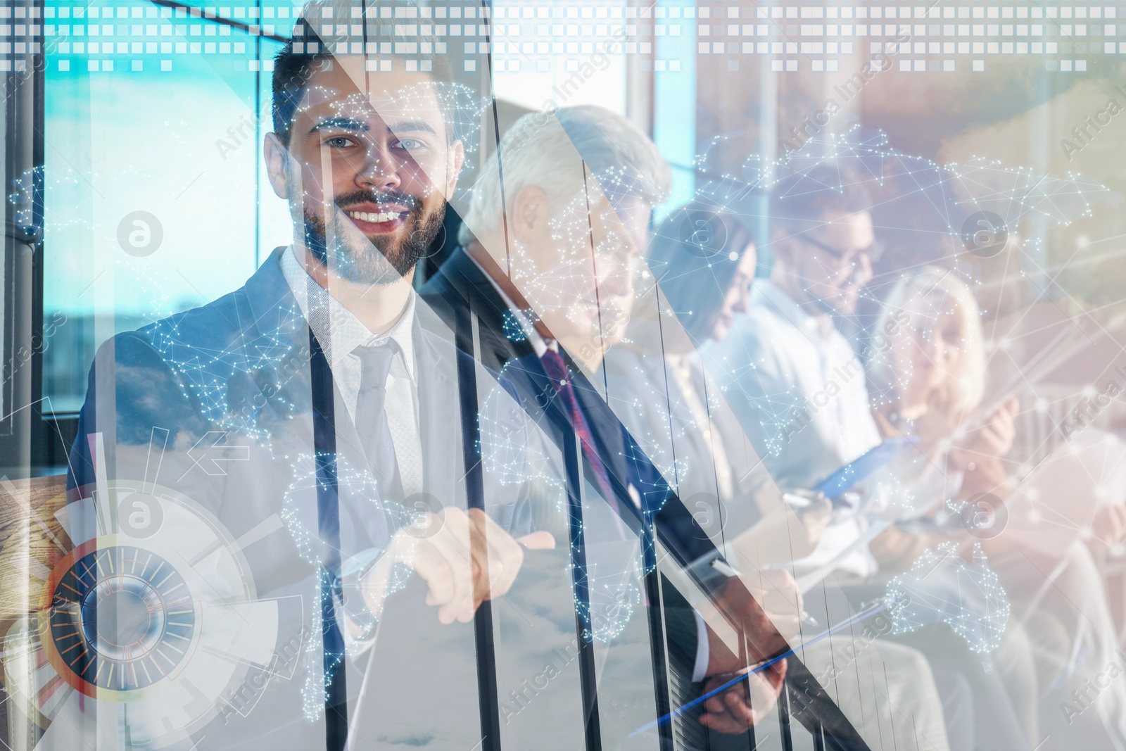 Image of People in office hall and modern building. Double exposure