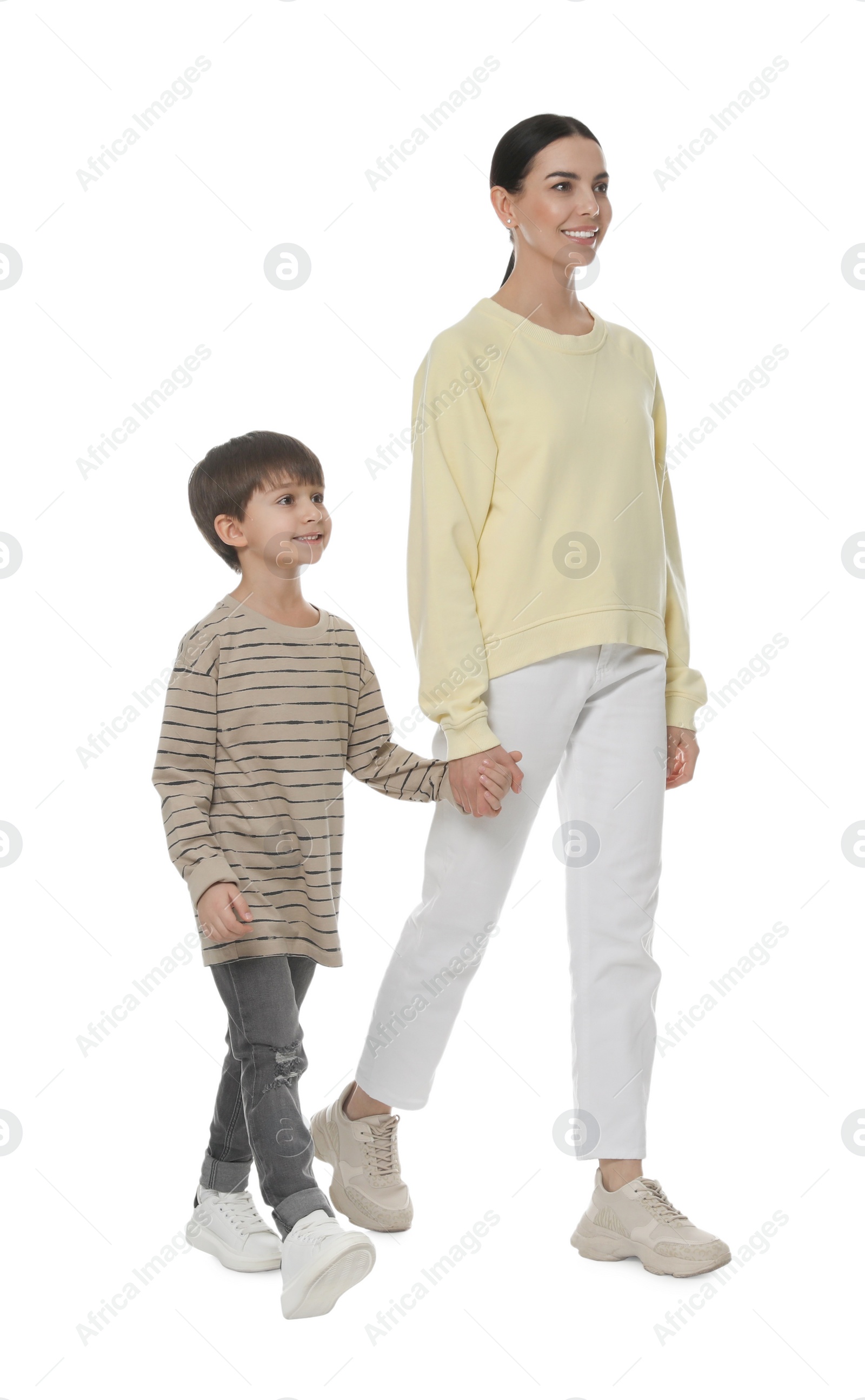 Photo of Little boy with his mother on white background