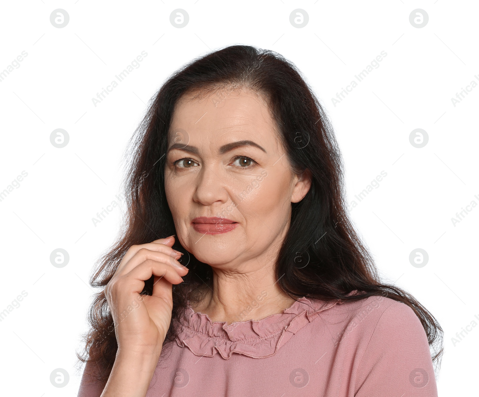 Photo of Portrait of mature woman with beautiful face on white background