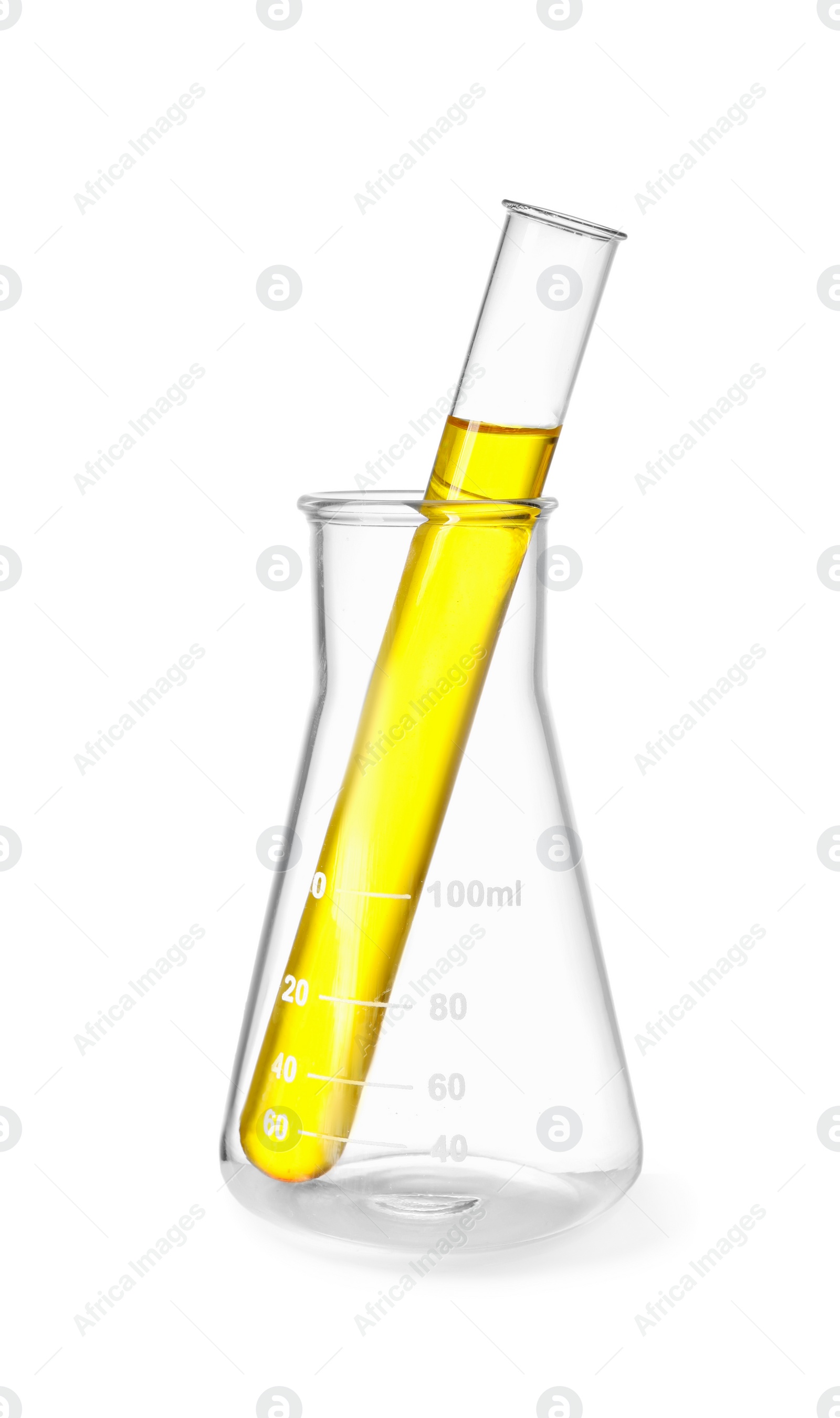 Photo of Glass flask and test tube with liquid isolated on white