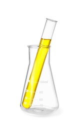 Glass flask and test tube with liquid isolated on white
