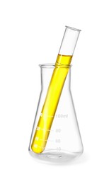 Photo of Glass flask and test tube with liquid isolated on white