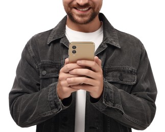 Man sending message via smartphone on white background, closeup