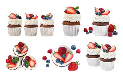 Image of Set with delicious cupcakes on white background