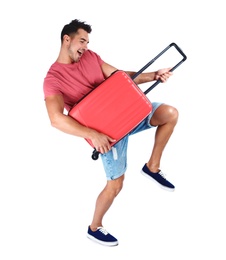 Photo of Young man with suitcase on white background