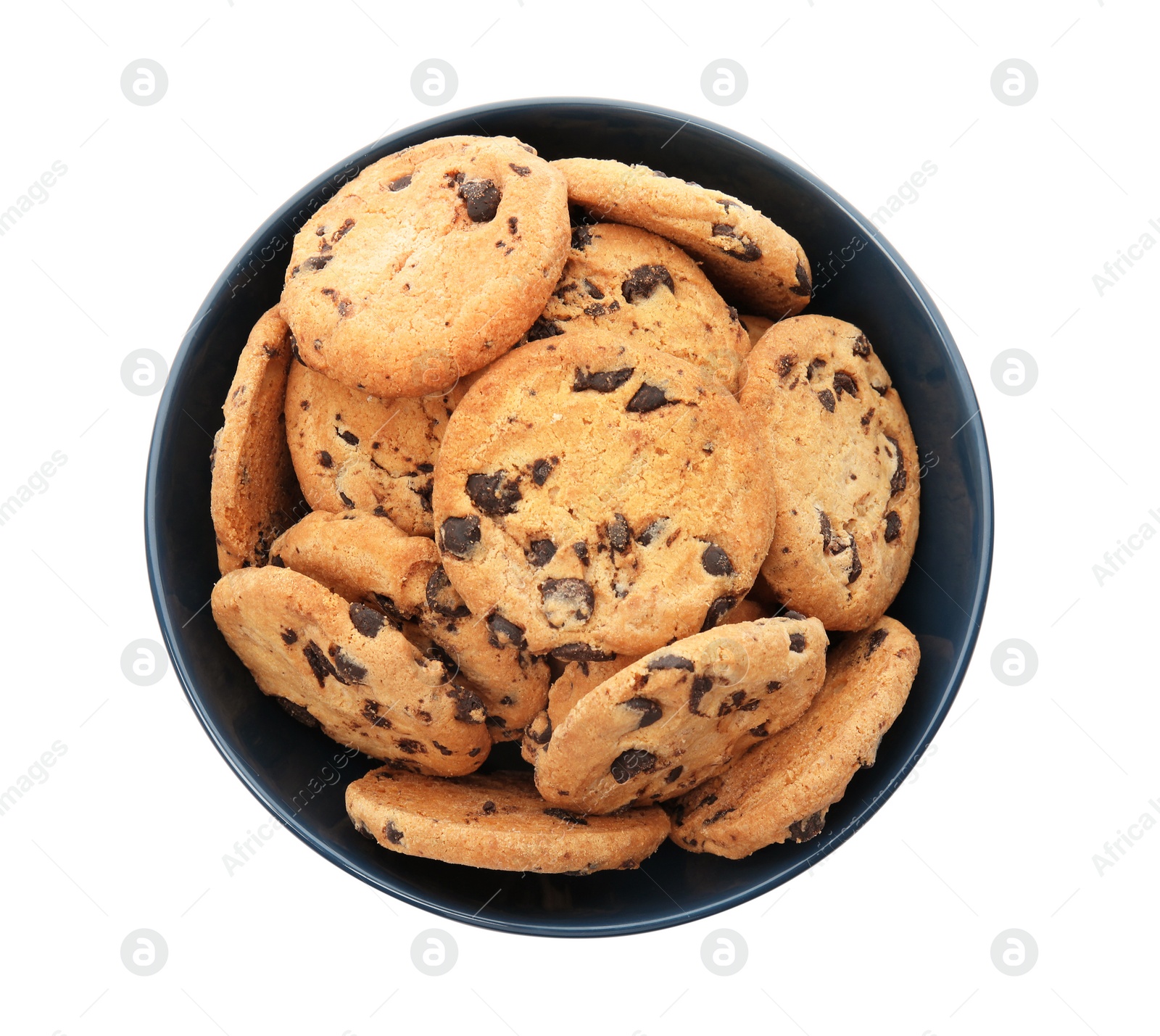 Photo of Bowl with tasty chocolate chip cookies on white background, top view