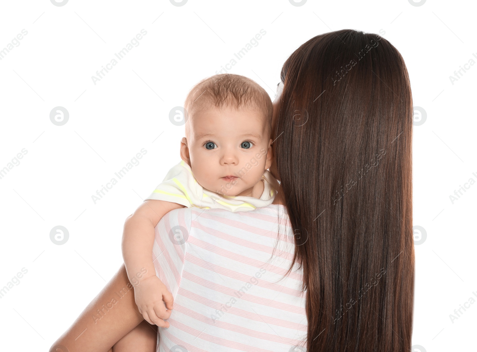 Photo of Mother with her cute baby isolated on white