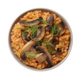 Delicious red lentils with mushrooms and dill in bowl isolated on white, top view