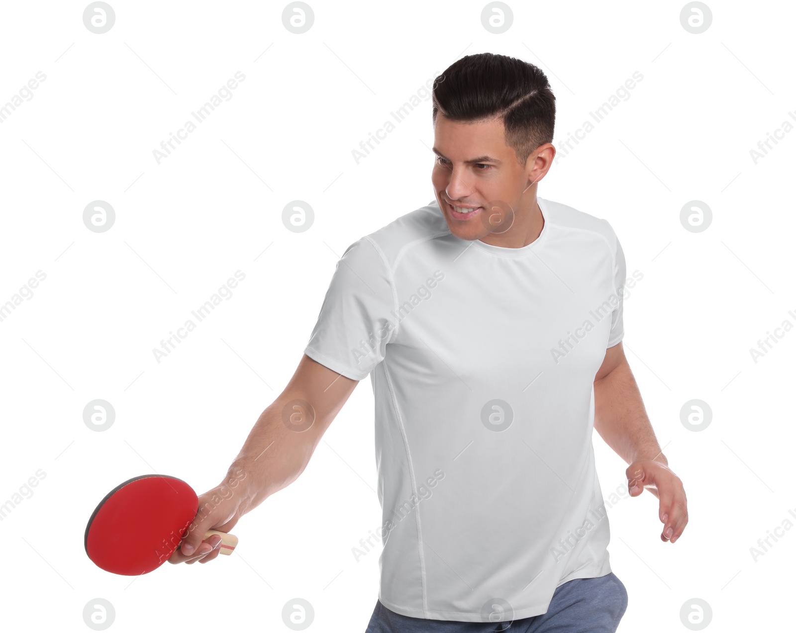 Photo of Handsome man with table tennis racket on white background. Ping pong player