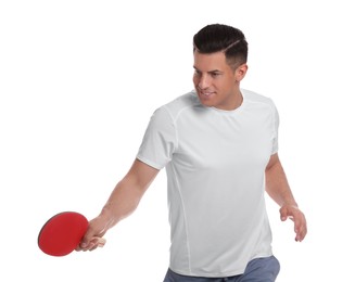 Handsome man with table tennis racket on white background. Ping pong player