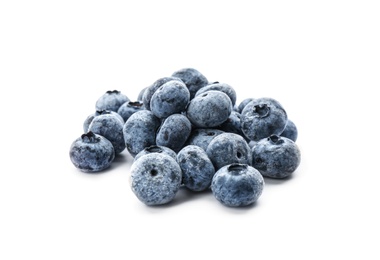 Photo of Heap of tasty frozen blueberries on white background