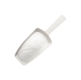 Photo of Scoop of baking soda isolated on white, top view