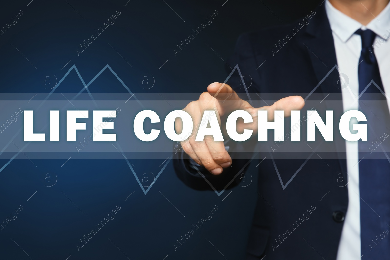 Image of Life coaching concept. Businessman touching virtual screen on dark background, closeup