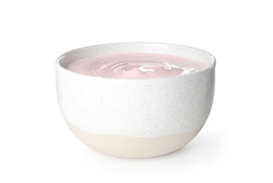 Bowl with creamy yogurt on white background