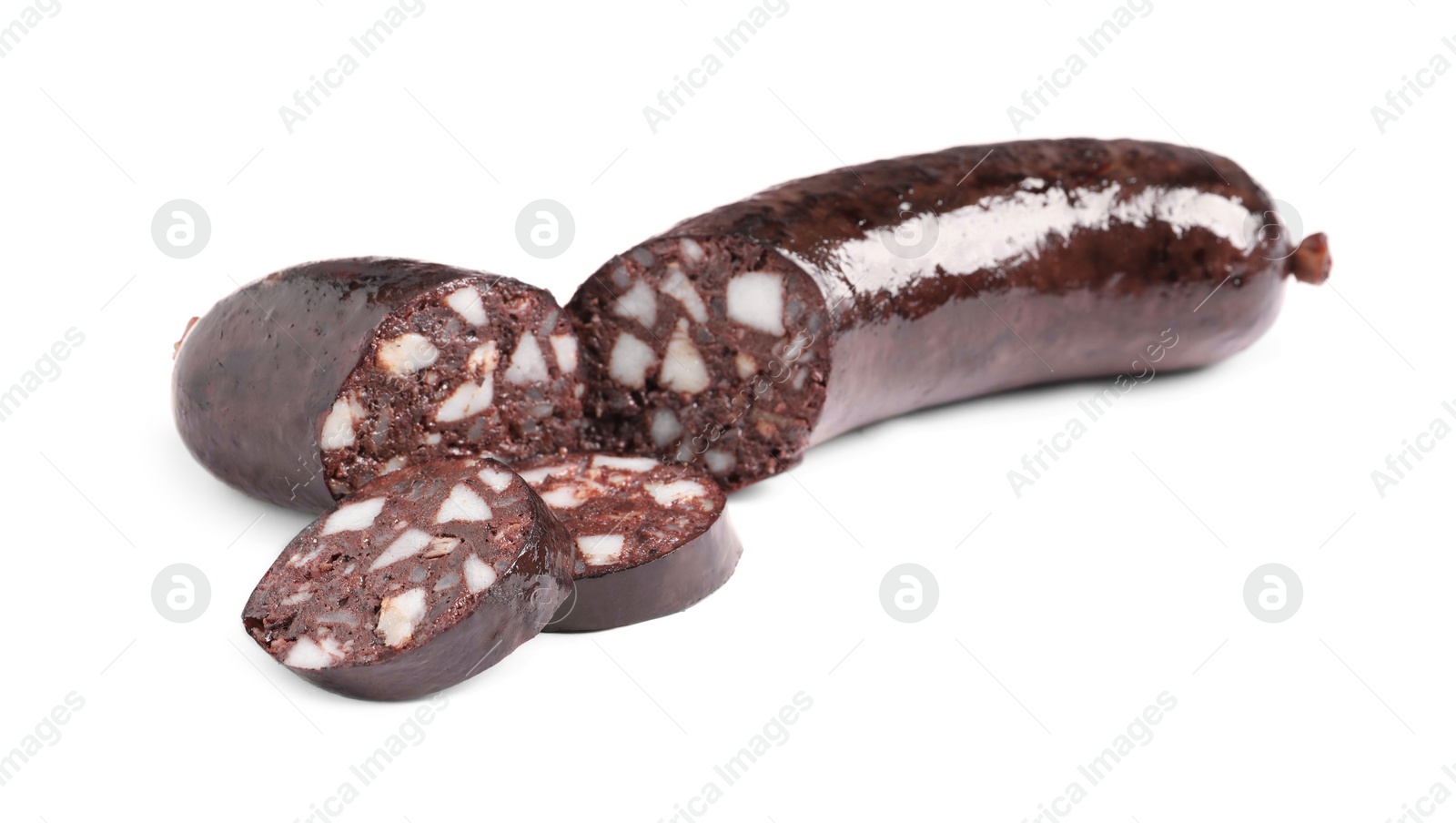 Photo of Cut tasty blood sausage on white background