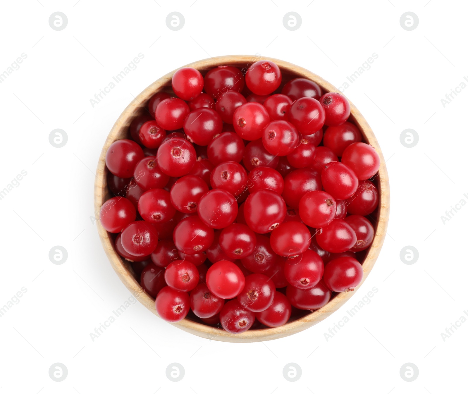 Photo of Fresh ripe cranberries in bowl isolated on white, top view
