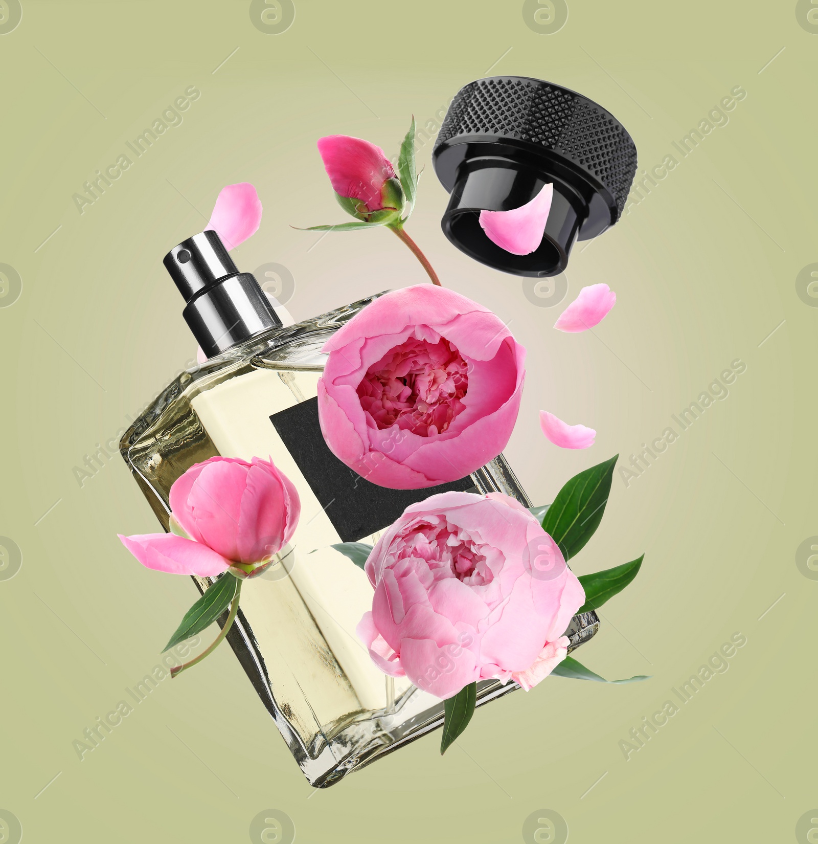 Image of Bottle of perfume and peonies in air on olive background. Flower fragrance