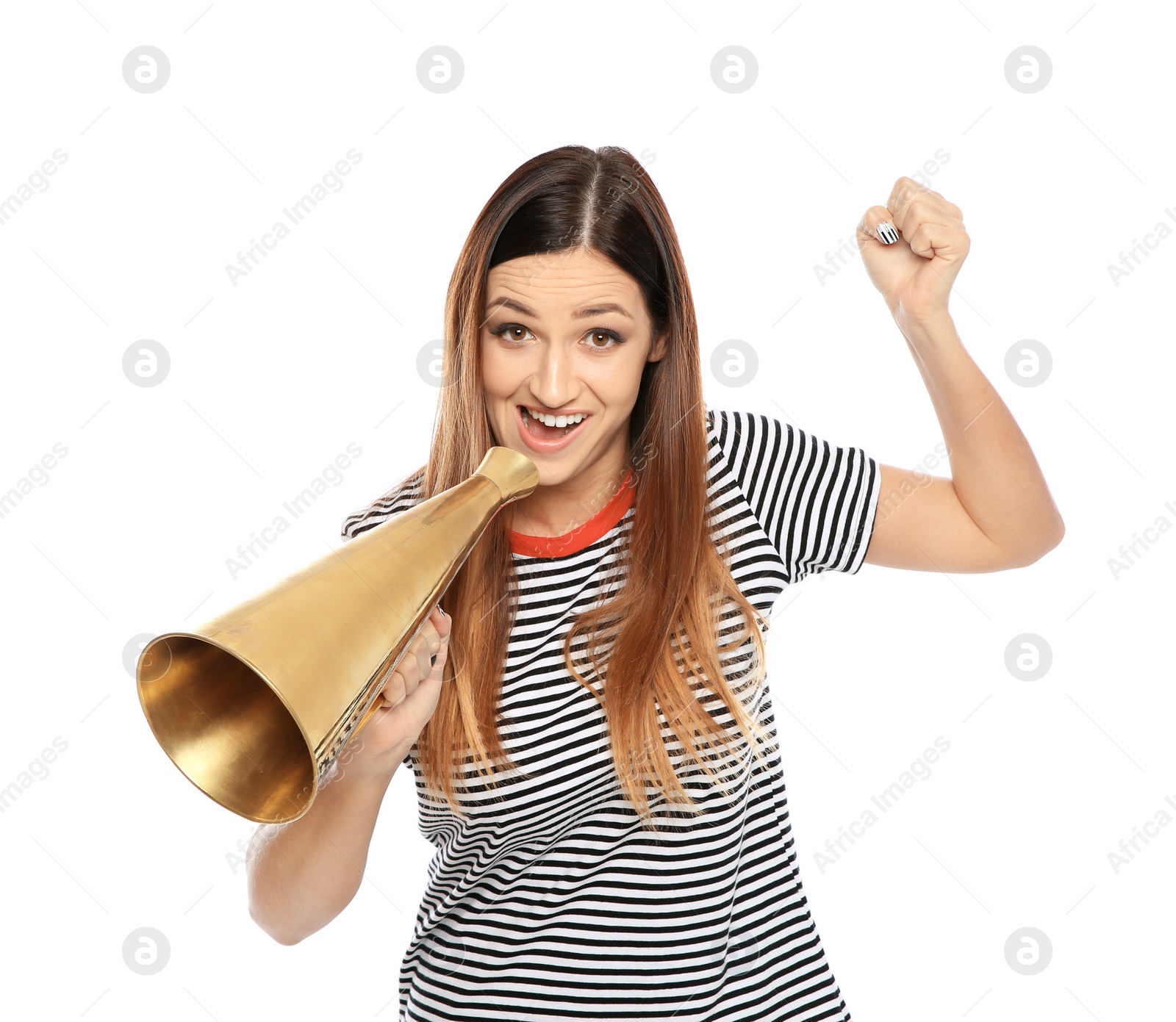 Photo of Emotional young woman with megaphone on white background