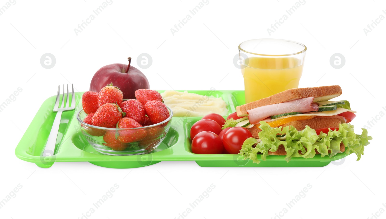 Photo of Serving tray of healthy food isolated on white. School lunch