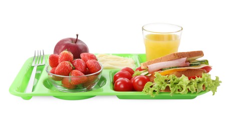 Photo of Serving tray of healthy food isolated on white. School lunch