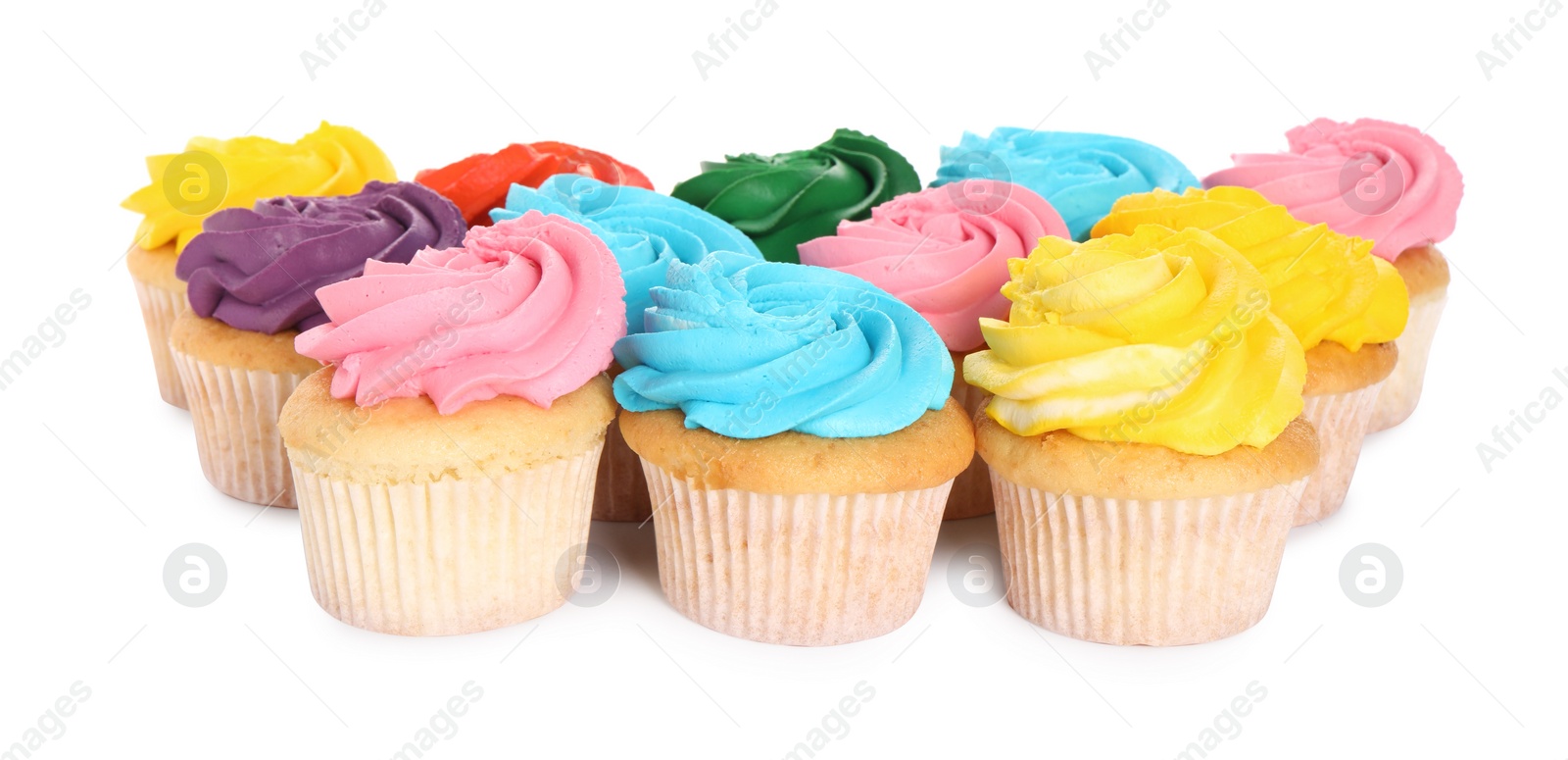 Photo of Delicious cupcakes with bright cream isolated on white