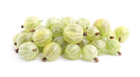 Photo of Pile of fresh ripe gooseberries on white background