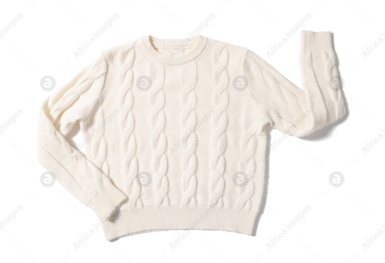Photo of Stylish knitted sweater isolated on white, top view