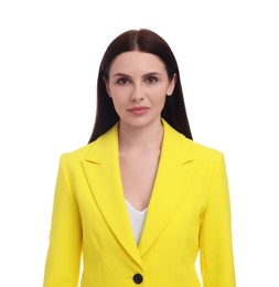 Photo of Beautiful businesswoman in yellow suit on white background