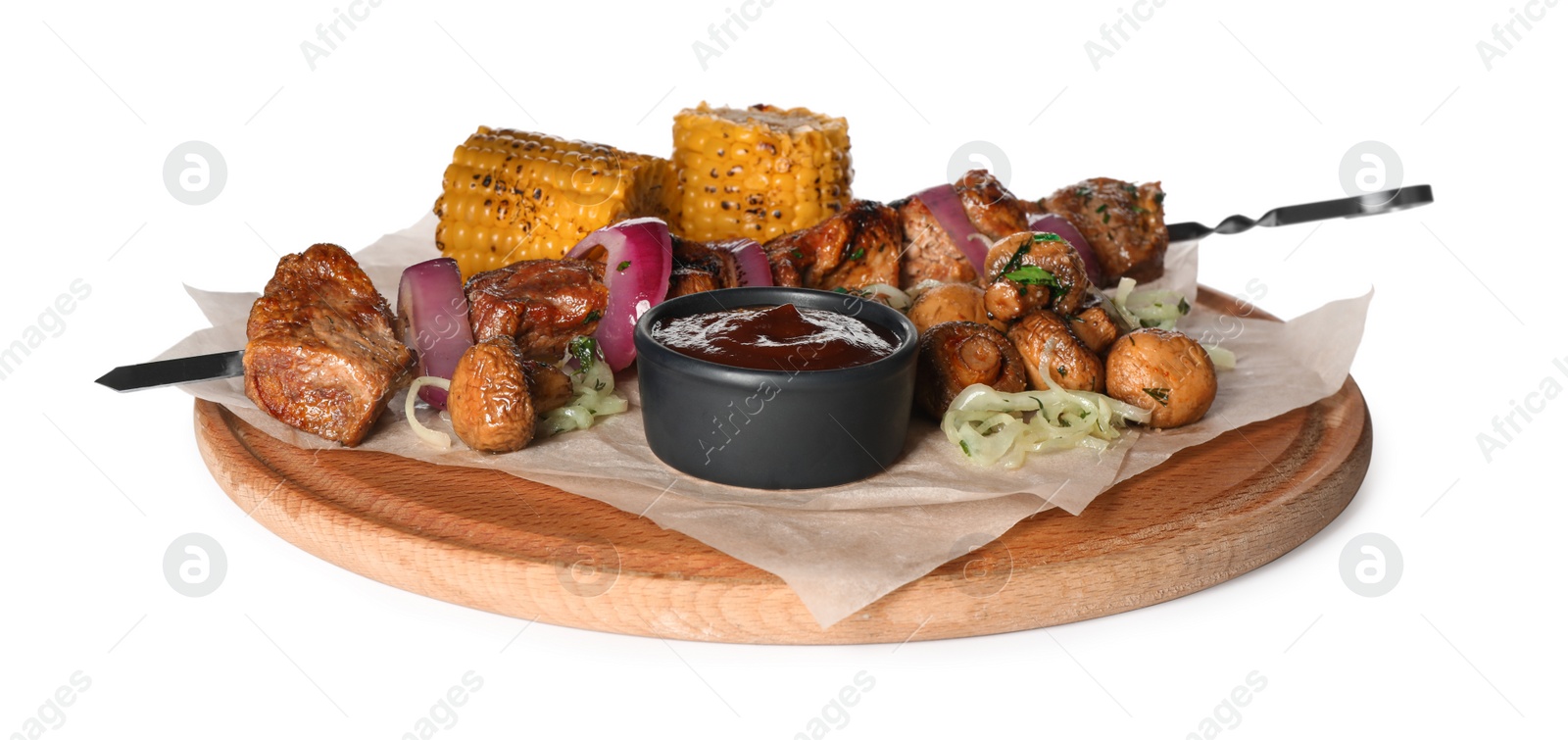 Photo of Metal skewers with delicious meat and vegetables on white background