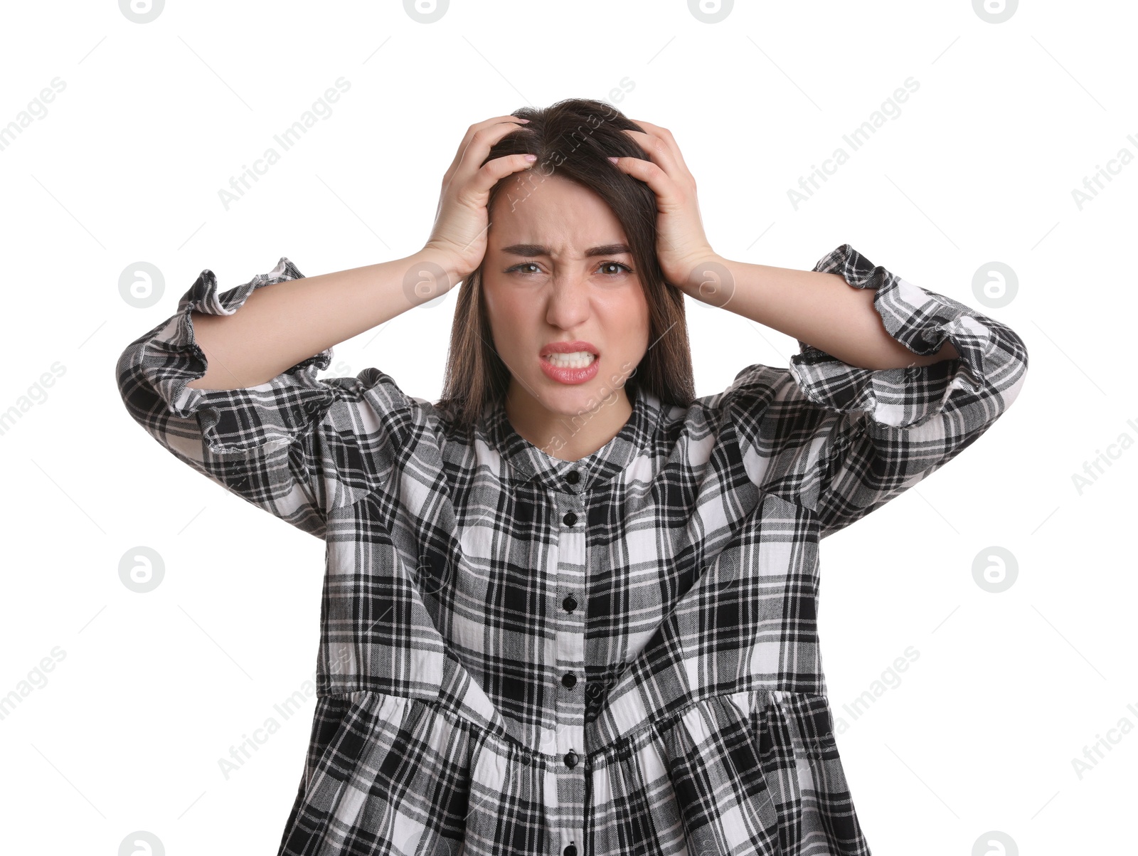 Photo of Portrait of emotional young woman on white background. Personality concept