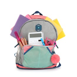 Color backpack with different school supplies isolated on white