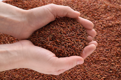 Photo of Woman holding brown rice over pile of grains, top view