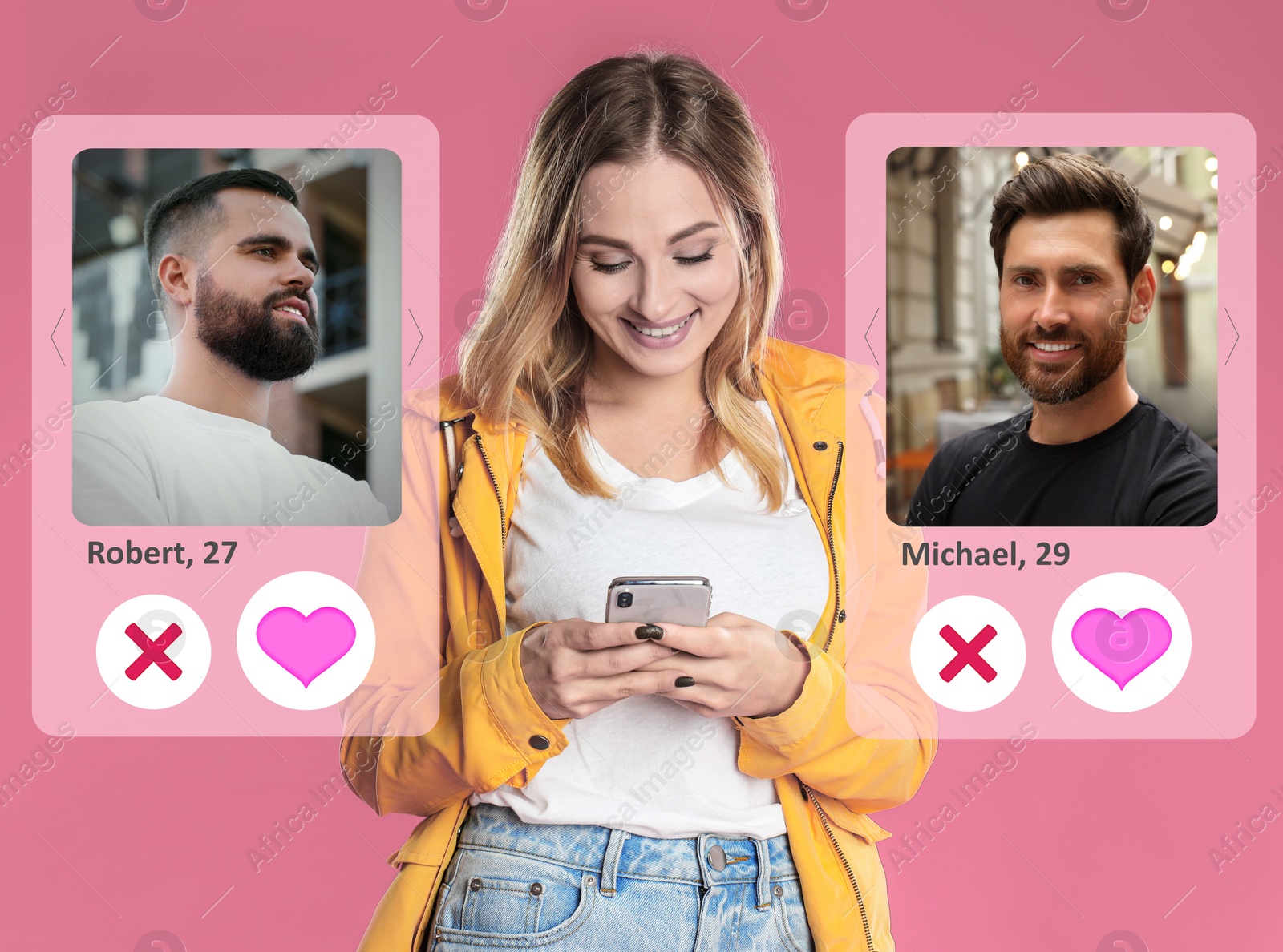Image of Looking for partner via dating site. Woman using smartphone on pink background. Men's profiles with photos and information