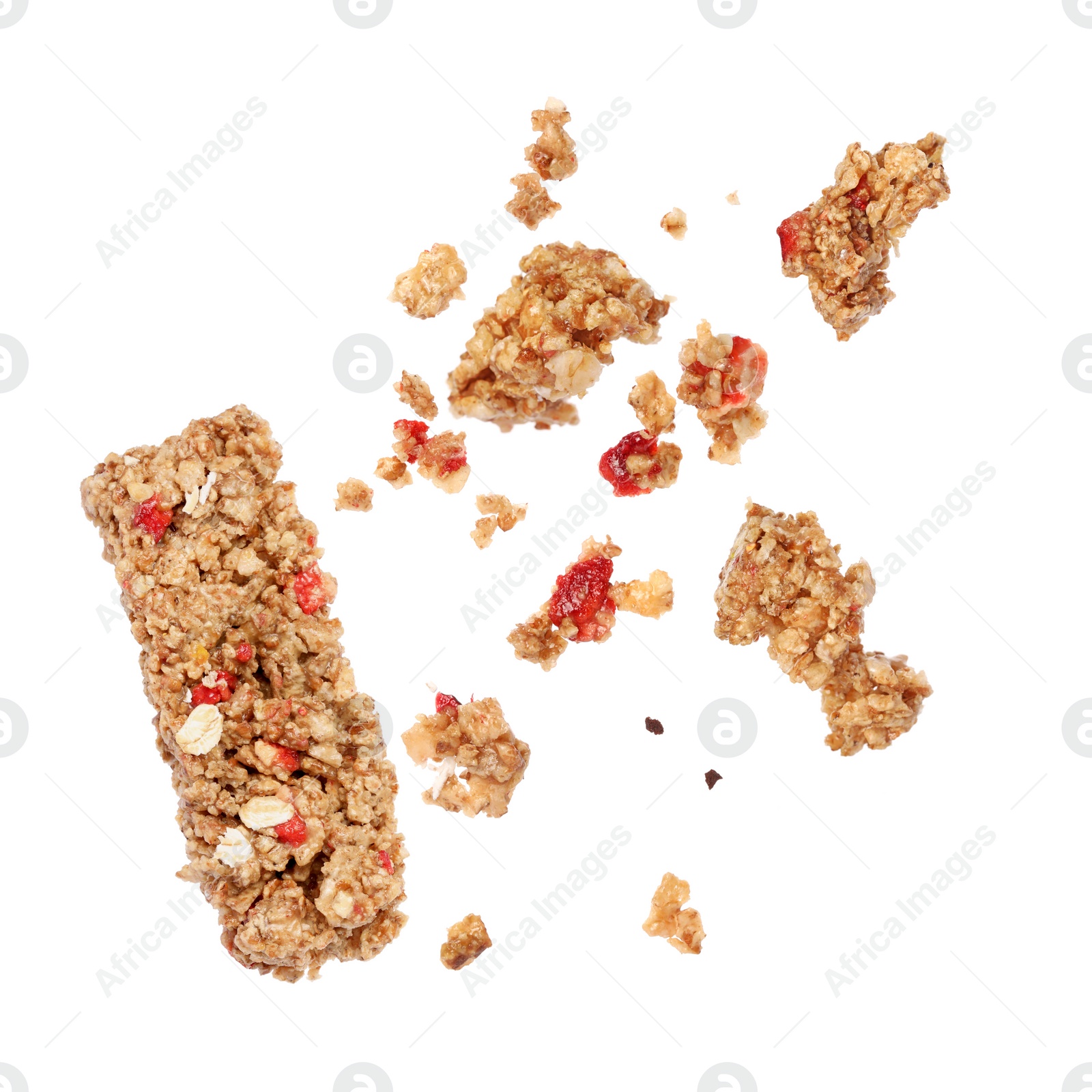 Image of Granola bar breaking in air on white background