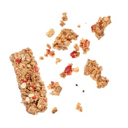 Image of Granola bar breaking in air on white background