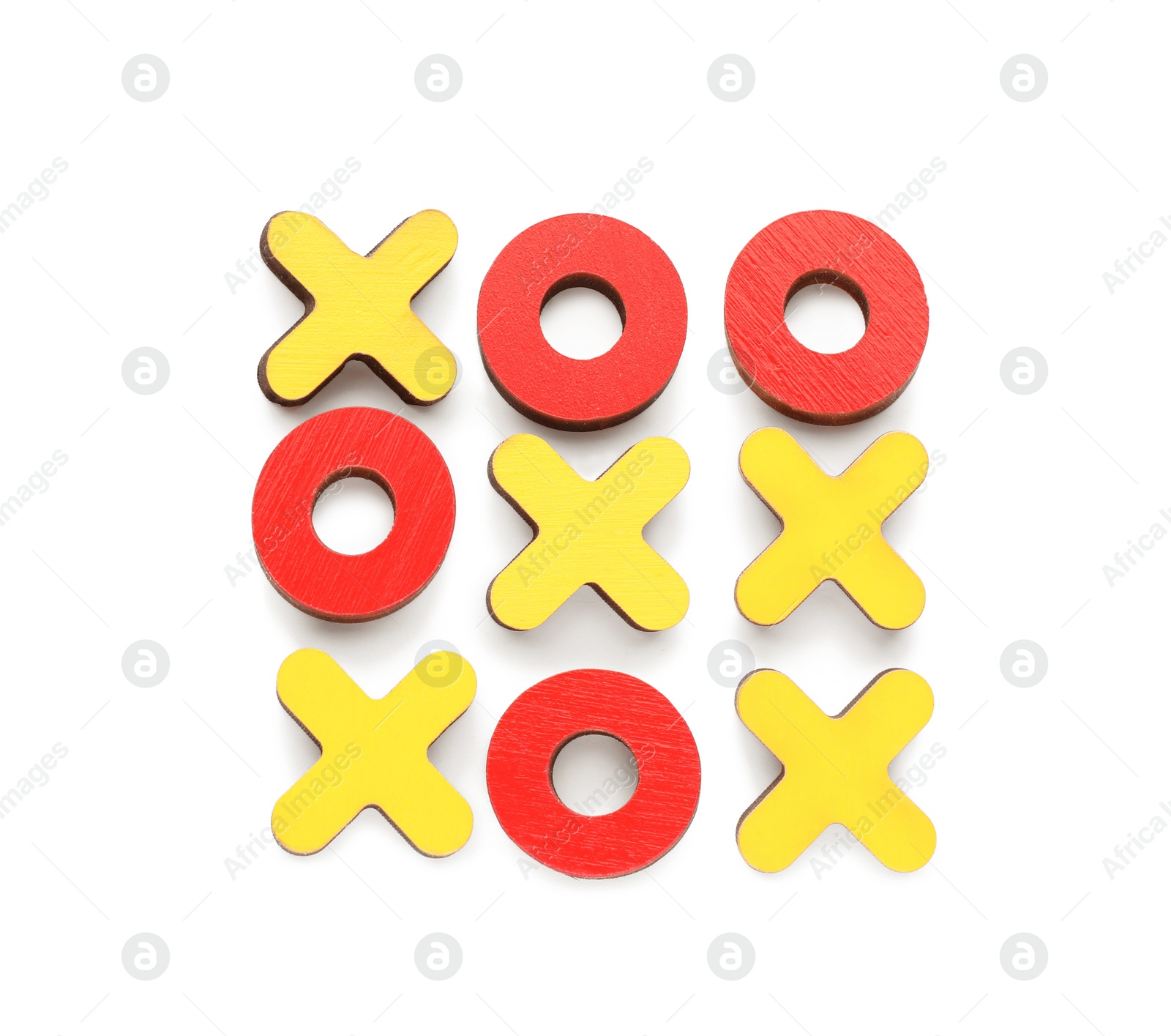 Photo of Wooden tic-tac-toe set on white background, top view