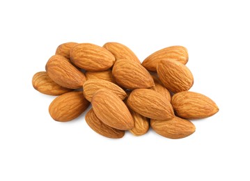 Photo of Organic almond nuts on white background, top view. Healthy snack