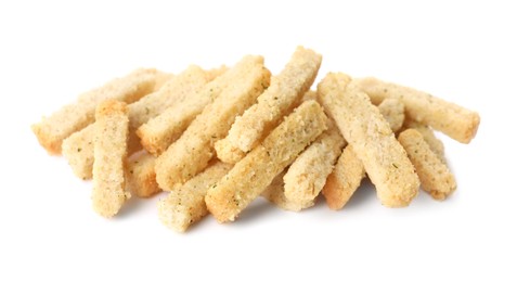 Photo of Heap of crispy rusks with seasoning on white background
