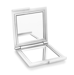 Stylish cosmetic pocket mirror isolated on white