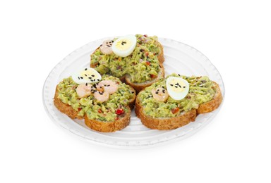 Photo of Slices of bread with tasty guacamole and eggs isolated on white