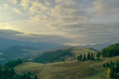 Aerial view of beautiful mountain landscape on cloudy day