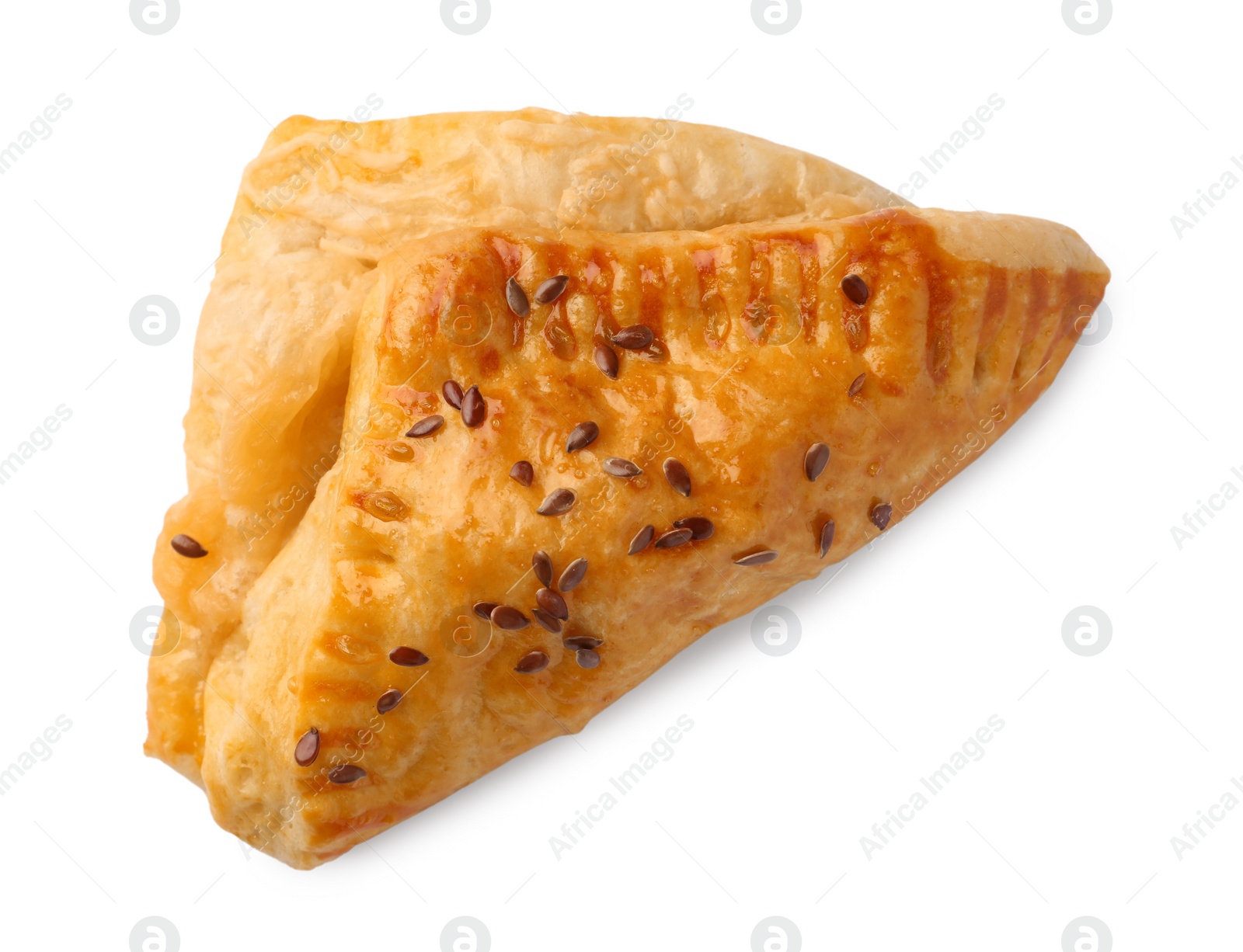 Photo of Fresh delicious puff pastry with cheese on white background, closeup