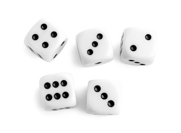 Many dices isolated on white, top view. Game cubes