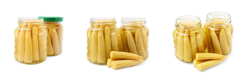 Set with tasty pickled baby corn on white background. Banner design