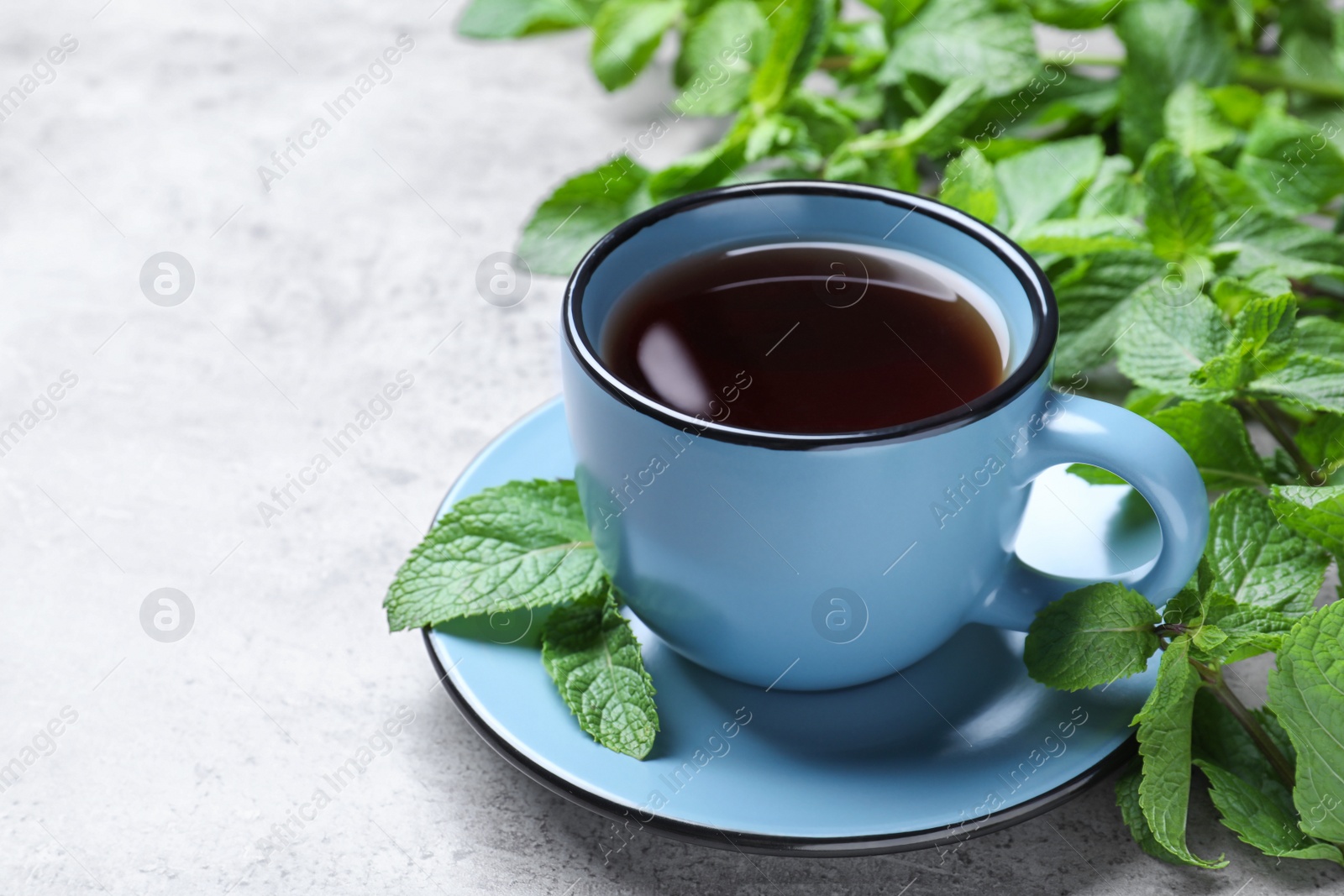 Photo of Cup with hot aromatic mint tea and fresh leaves on light grey table, space for text